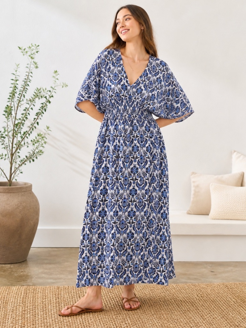 Rujuta Sheth Marie Cinch Kaftan Dress Blue White Lotus Boho Maxi S/M